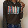 Book & Letter Pattern Crew Neck T-Shirt, Casual Long Sleeve Top For Spring & Fall, Women's Clothing