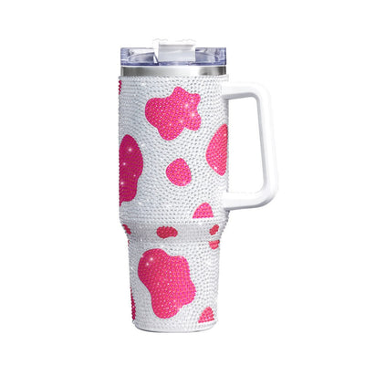 40oz Rhinestone Design and Cow Pattern Stainless Steel Tumbler with Lid and Straw - Portable and Stylish Drinking Cup for Car, Home, Office, and Travel - Perfect Birthday Gift