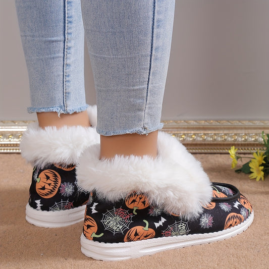 Cozy and Chic: Women's Pumpkin Pattern Fluffy Shoes - Stay Warm and Stylish this Halloween Season!