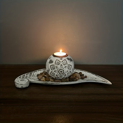 Rustic Elegance:  Wooden Gray Leaf Candle Holder Set with Tray - Leaf Ball Candle Holder Set for a Cozy Ambiance