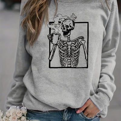 Halloween Skull Drink Graphic Print Sweatshirt, Casual Long Sleeve Crew Neck Sweatshirt, Women's Clothing