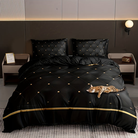 Experience total comfort and coziness with the Feline Dream 3-piece bedding set. This luxurious bedding set includes one duvet cover and two pillowcases made of polyester that is both soft and lightweight. It is designed with cute cat patterns, making it perfect for cat-lovers. A must-have for any bedroom.
