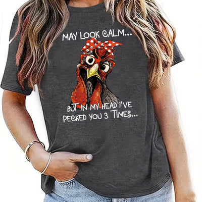 Cluckify Your Style with this Chicken Letter Print Tee: A Casual Short Sleeve Crew Neck T-Shirt for Women's Clothing