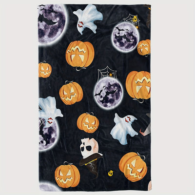 Spooktacular Halloween Flannel Blanket: Cartoon Pumpkin and Moon, Ghost, Skull Print - Soft and Cozy Throw Blanket for Travel, Sofa, Bed, and Office - Perfect Halloween Gift for Boys, Girls, and Adults - Available All Season