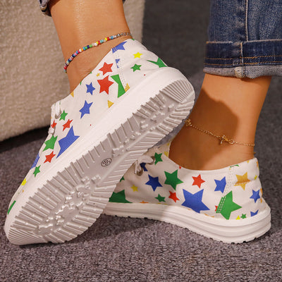 Stylish and Comfortable: Women's Colored Star-Printed Loafers - Casual Canvas Shoes for Fashionable Walking