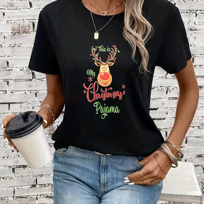 Festive Forest: Christmas Deer Print Tshirt - Casual Short Sleeve Crew Neck T-Shirt for Women's Clothing