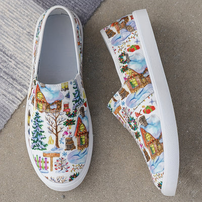 Festive Joy: Women's Christmas Style Canvas Sneakers - Casual Low Top Slip-On Flat Shoes for all Match Walking Trainers