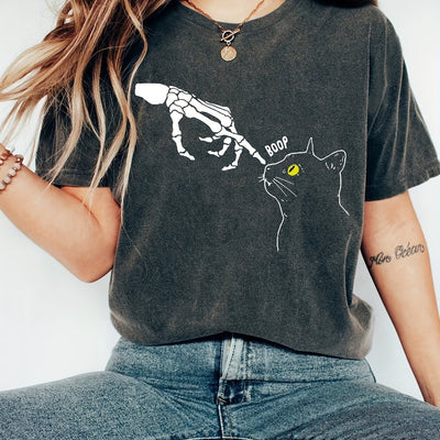 Edgy and Chic: Skeleton Hand Cat Print T-Shirt - A Must-Have for Spring/Summer!