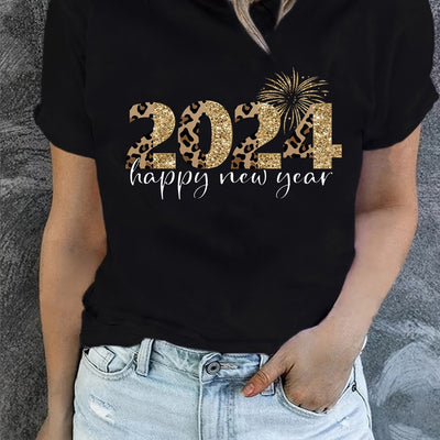 Festive Vibes in Style: 2024 Happy New Year Print T-Shirt - Casual Crew Neck Short Sleeve Top for Women's Clothing