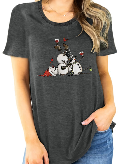 Frosty Chic: Snowman Print Tee - A Trendy Casual Short-Sleeve Crew Neck T-Shirt for Women's Wardrobe