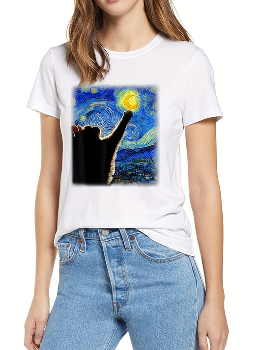 Cat Starry Night Painting Pattern T-Shirt: A Cute and Trendy Crew Neck Top for Spring/Summer Fashion