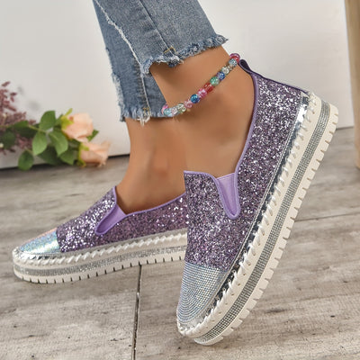 Sparkle and Shine in These Rhinestone Glitter Loafers: The Perfect Fashionable and Comfortable Slip-On Shoes for Women