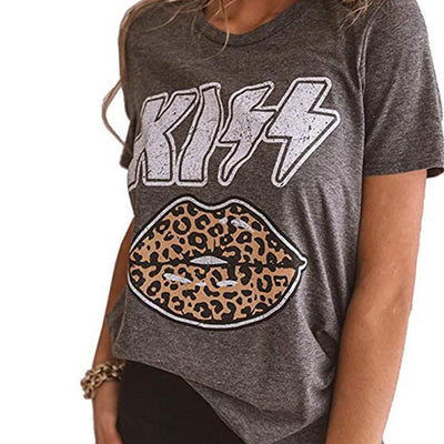 Vintage Leopard Lips Print T-shirt, Retro Short Sleeve Crew Neck T-shirt, Casual Every Day Tops, Women's Clothing