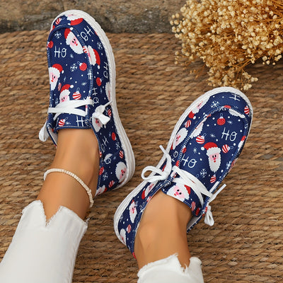 Festive Comfort: Women's Santa Claus Print Canvas Shoes - Christmas Round Toe Slip-On Loafers - Casual Low-Top Flat Sneakers