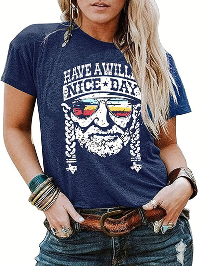 Vintage 'Have a Willie Nice Day' Letter Print Crew Neck T-Shirt, Casual Every Day Tops, Women's Clothing