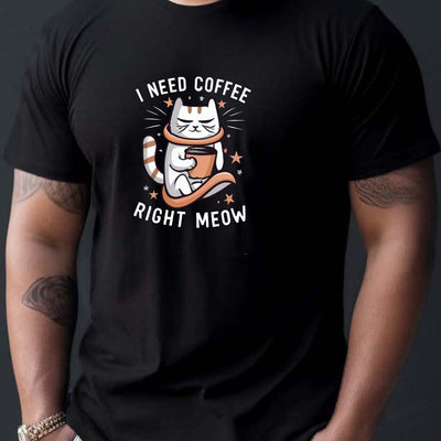 Cute and Quirky: Coffee Cat Cartoon Pattern Men's Casual Daily T-Shirt for Summer- Outdoor Gear & Apparel