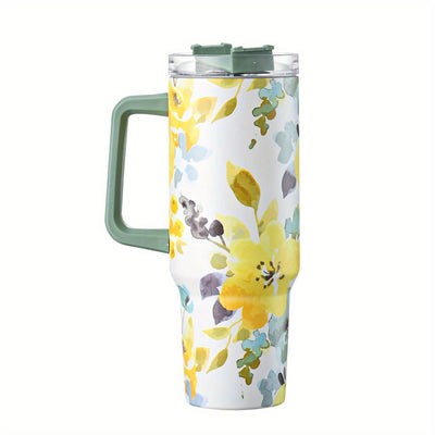 40oz Floral Pattern Tumbler With Lid And Straw, Stainless Steel Thermal Water Bottle With Handle, The Perfect Gift for Any Occasion