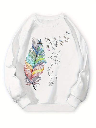 Feather Slogan Print Sweatshirt: A Stylish Plus-Size Casual Wear for Women