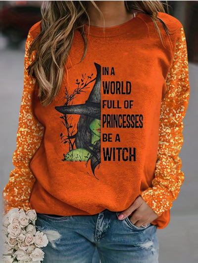 Women's Cartoon Witch & Letter Print Long Sleeve Round Neck Slight Stretch T-shirt, Plus size Halloween T-shirt, Women's Clothing