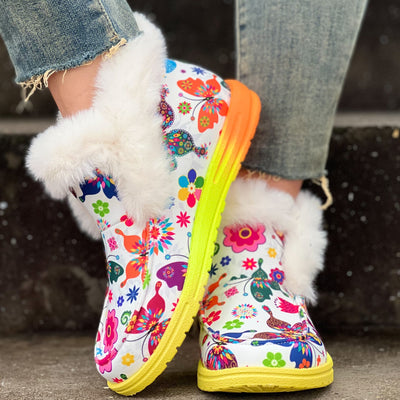 Women's Colorful Butterfly Pattern Shoes: Slip-on Fluffy Soft Sole Winter Plush Shoes with Fleece Lining