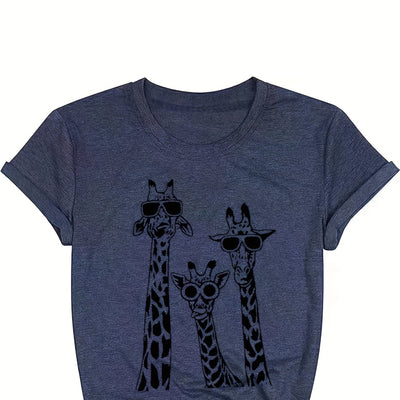 Funny Cartoon Giraffe with Glass Print Crew Neck T-Shirt, Casual Short Sleeve T-Shirt For Spring & Summer, Women's Clothing