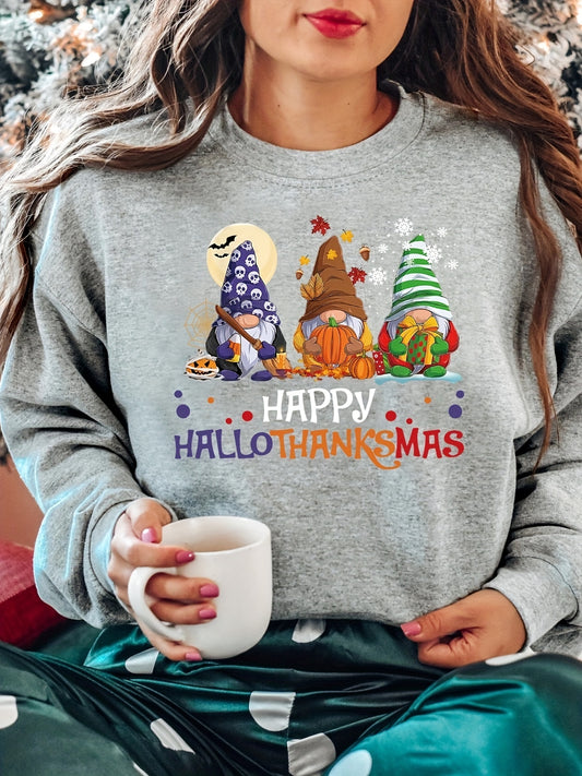 Stay festive in our Happy Hallothanksmas Print Sweatshirt! Featuring a soft cotton blend and our signature print, this sweatshirt is perfect for cozy days. Feel comfortable all day with a relaxed fit and classic crew-neck design. Spread the holiday cheer this season.