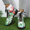 Festive & Fashionable: Women's Christmas Print Chunky Heel Boots - Lace Up & Comfortable Faux Leather Short Boots