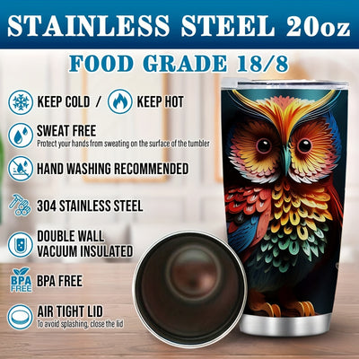 20oz Owl Patterned Vacuum Travel Tumbler: Stylish Stainless Steel Coffee Mug for Hot and Cold Beverages