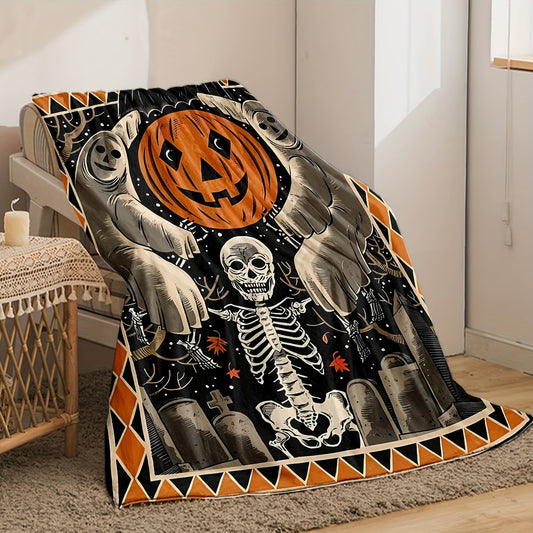 Halloween Themed Print Flannel Blanket: Get Cozy with Skulls, Ghosts, Pumpkins, and Tombstones!