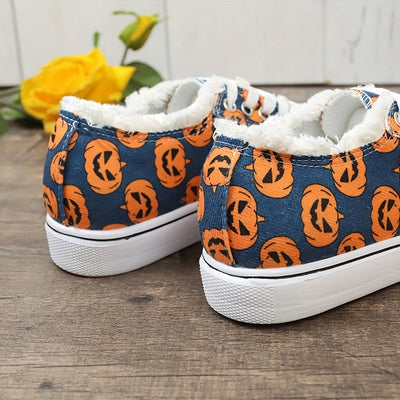 Women's Ghost Face Pumpkin Print Sneakers: Spooktacular Halloween Flat Canvas Shoes