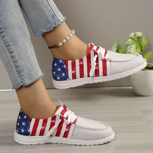 Trendy Star & US Flag Pattern Women's Canvas Shoes - Non-Slip Lace Up Flat Sneakers with Comfortable Loafers