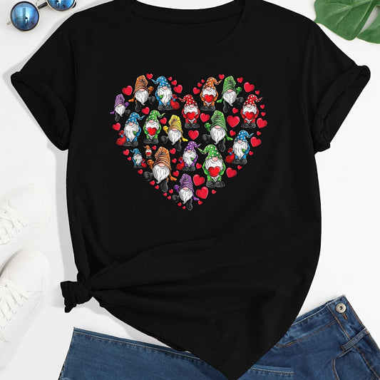 Enhance your spring/summer wardrobe with our Glowing Gnome Heart Print Crew Neck T-Shirt. Featuring a quirky and charming design, this casual short sleeve top will add a touch of whimsy to any outfit. Crafted with soft and comfortable fabric, it's perfect for all-day wear. Available in women's sizes.