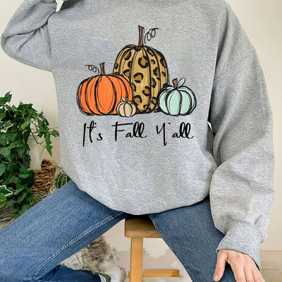 Pumpkin and It's Fall Y'all Print Sweatshirt, Casual Long Sleeve Crew Neck Sweatshirt, Women's Clothing