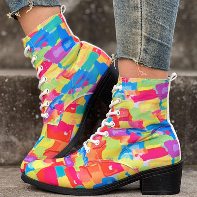 Women's Colorful Chunky Heel Short Boots: Fashionable and Comfortable Lace-up Canvas Shoes for Stylish Ankles