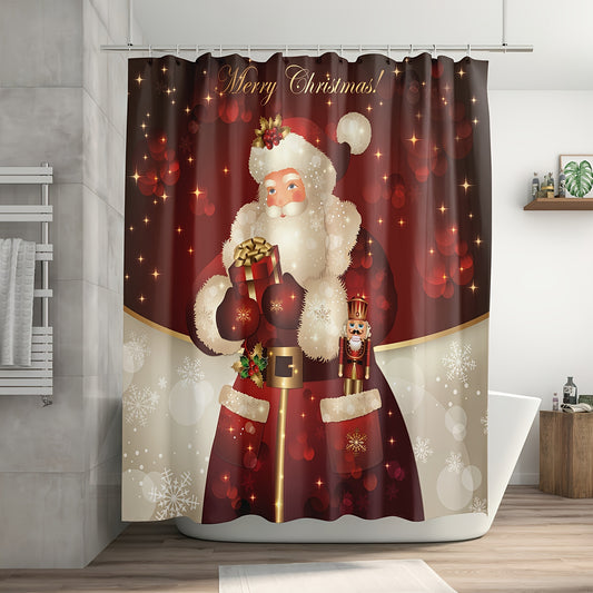 Merry Christmas Bathroom Ensemble: 4-Piece Waterproof Shower Curtain Set with Rug, U-Shape Mat, and Toilet Lid Cover Pad for Festive Bathroom Décor