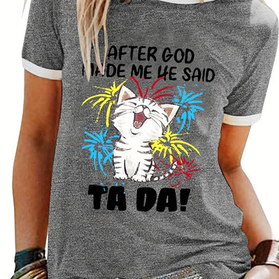 Cute and Casual: CAT LETTER PRINT Crew Neck T-Shirt - Must-Have Women's Top for Spring & Summer