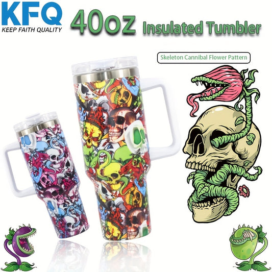 This 40oz tumbler is an ideal choice for outdoor travel and camping with its stylish flower and skull pattern. Featuring a handle for easy of carrying and a straw lid, it's perfect for enjoying your favorite beverages anywhere. Makes for a great Christmas gift too!