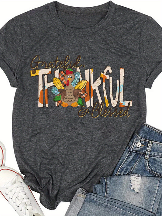 Colorful Turkey and Letter Print Crew Neck T-Shirt: A Casual and Stylish Choice for Spring and Summer Women's Clothing