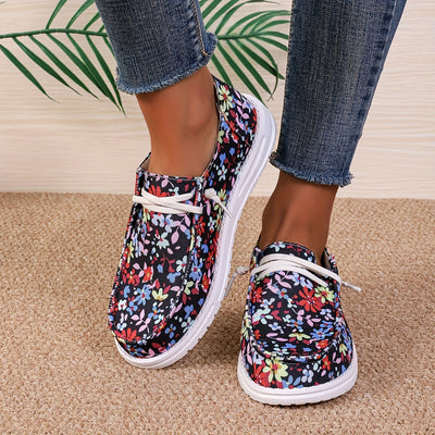 Fashionable Women's Flower Pattern Canvas Shoes: Casual Round Toe Low Top Loafers for Lightweight Slip-On Sneakers