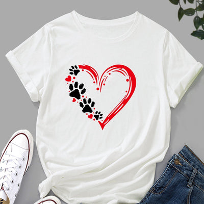 Dog Paw and Red Heart Print T-Shirt, Short Sleeve Crew Neck Casual Top For Spring & Summer, Women's Clothing