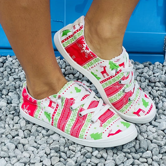 Colorful and Comfortable: Women's Cartoon Print Canvas Shoes – Slip-On, Lightweight, and Soft-Soled - Ideal for Christmas!
