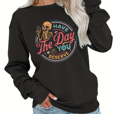 Colorfull Skeleton & Letter Print Pullover Sweatshirt, Casual Long Sleeve Crew Neck Sweatshirt, Women's Clothing