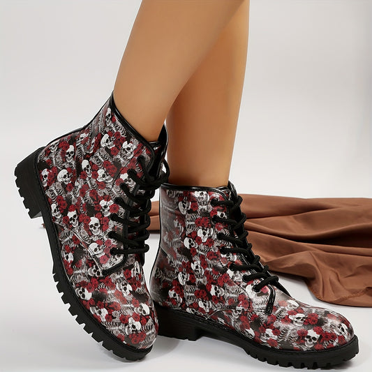 Look spooky and stylish with these Skull Rose Patterned Women's Halloween Combat Boots. Their all-match lace-up design and sturdy construction make them the perfect shoes for a fun and fashionable Halloween. The patterned accents will ensure that you stand out from the crowd this season.