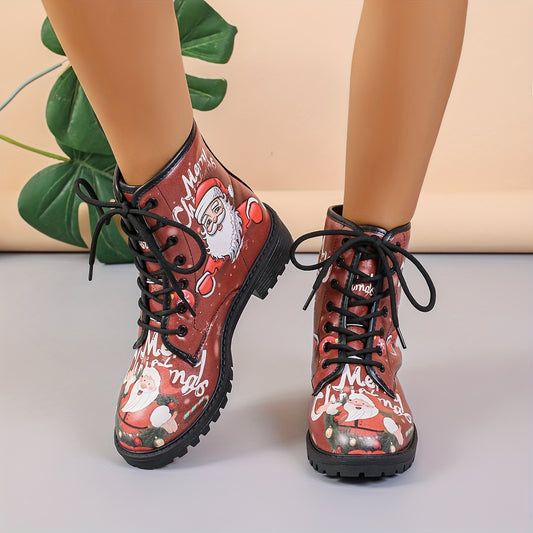Festive Holiday Spirit: Women's Lace-Up Santa Claus Combat Boots for Casual All-Match Style and Outdoor Adventures
