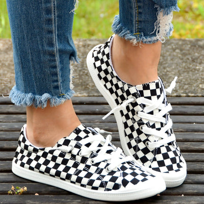Lightweight Women's Canvas Shoes with Checkboard Printed - Comfortable Lace-up Low Top Walking Shoes