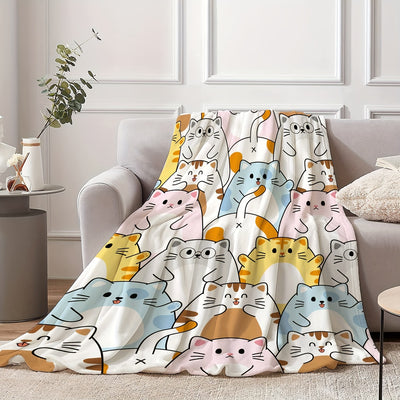 Cute Cartoon Cat Print Double-Sided Flannel Blanket: The Perfect All-Season Throw Blanket for Cozy Comfort and Stylish Home Décor