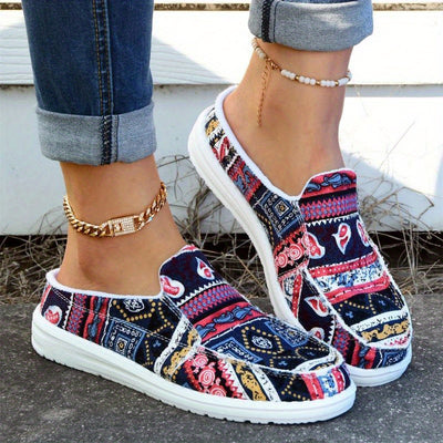 Comfortable Women's Geometric Style Print Canvas Slip-On Shoes, Lightweight and Comfortable and Versatile Walking Shoes