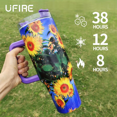 40oz Mix Flower Print Water Bottle With Handles, Straws- Perfect Reusable Travel Cup Tumbler For Outdoor Camping & Hiking