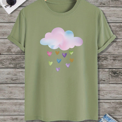 Heart Showers: Men's Colorful Cloud Print Tee for a Fun and Casual Summer Look