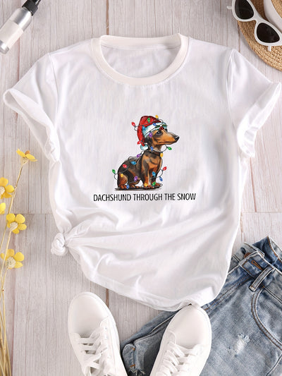 Dress up your spring/summer wardrobe with our Casual Christmas Dog Print Crew Neck T-Shirt. This stylish and playful shirt features a festive dog print that adds a touch of fun to your everyday look. Made from quality materials, it's the perfect addition to your collection. Get yours now!